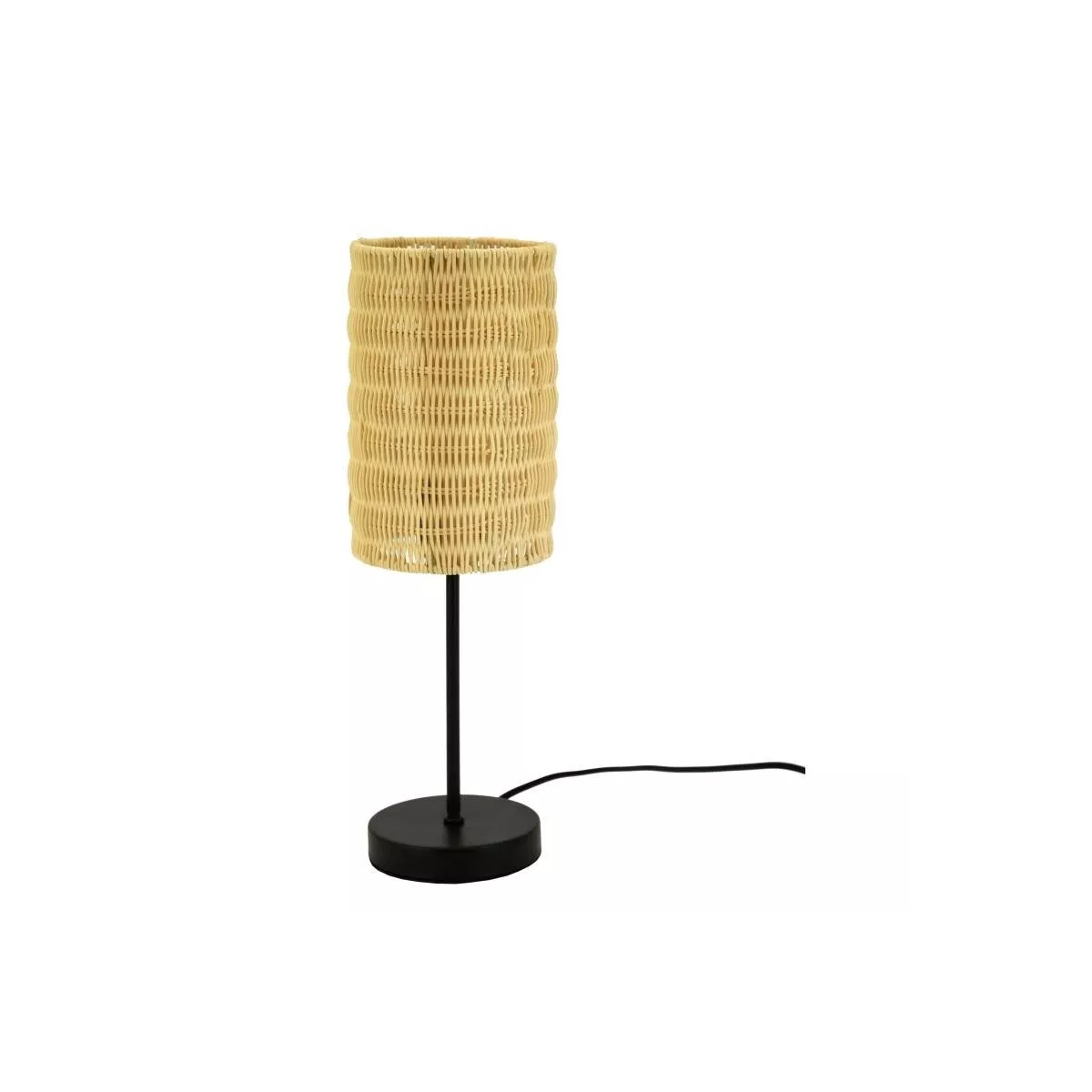 Lampe en rotin et pied en métal noir H.40 cm