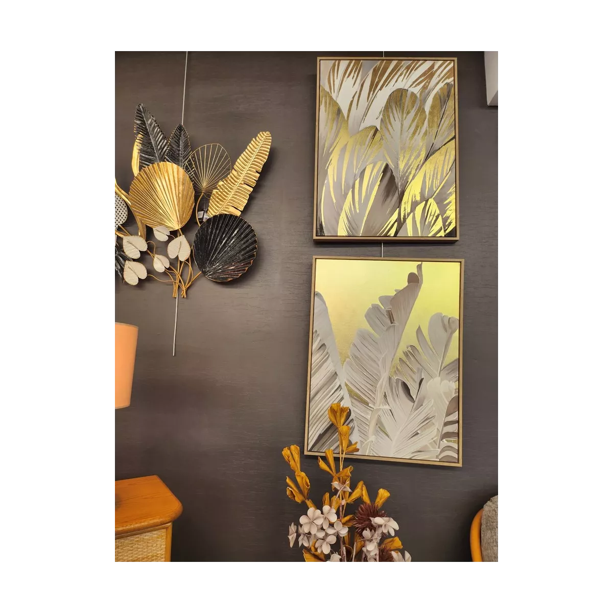 Tableau Feuillage gris et doré 60x80