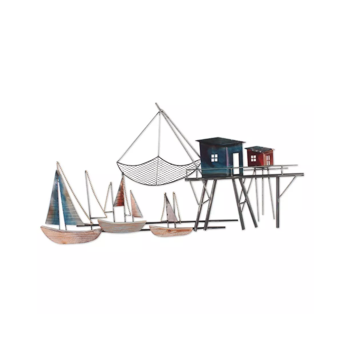 Décoration Métal / bois Voiliers et Cabanes à Carrelet colorées