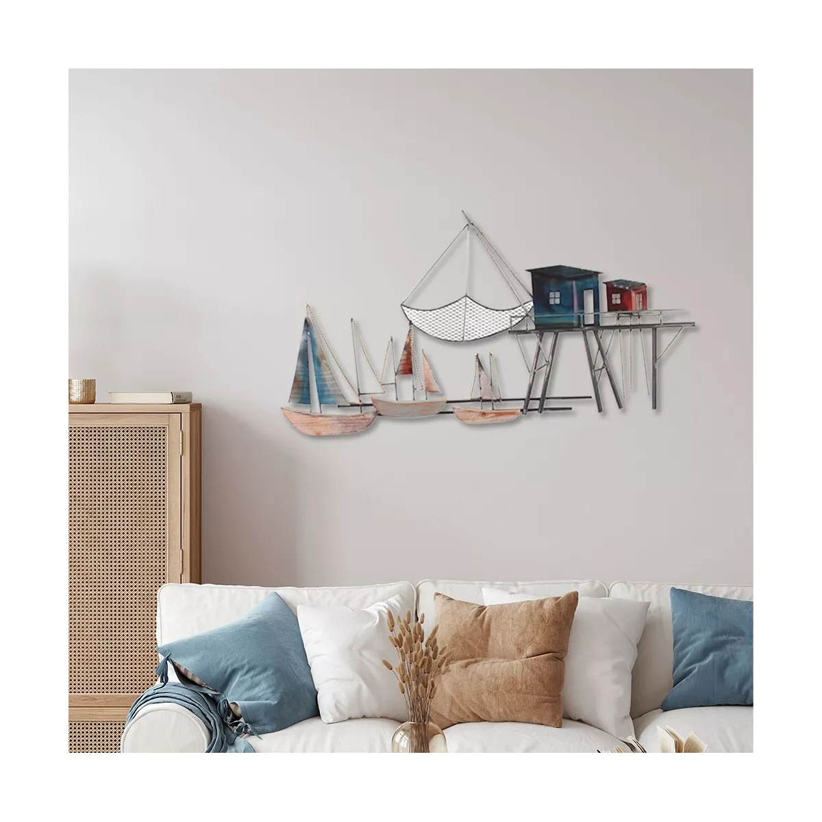 Décoration Métal / bois Voiliers et Cabanes à Carrelet colorées