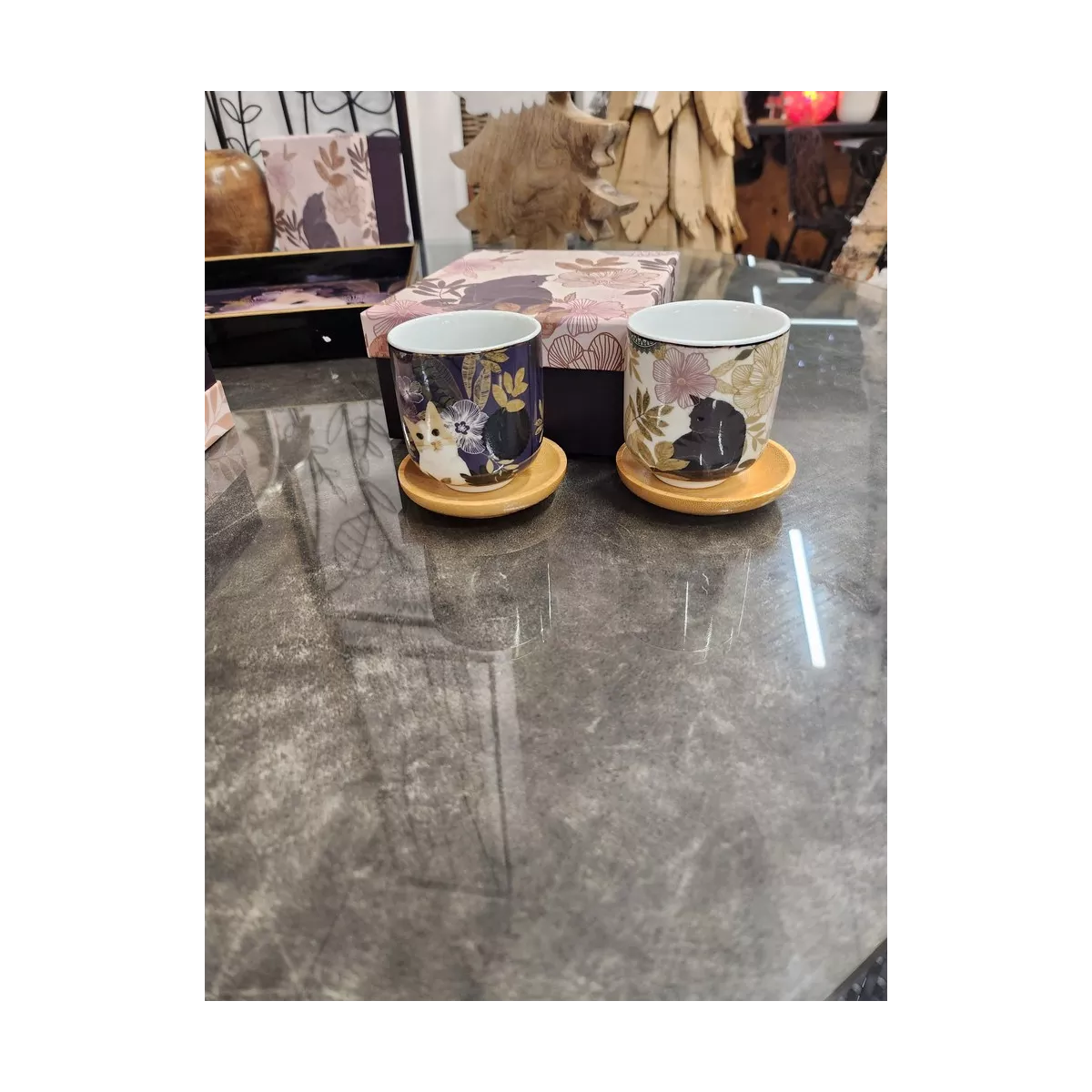 Coffret 2 Tasses et sous tasse Chat Hevea