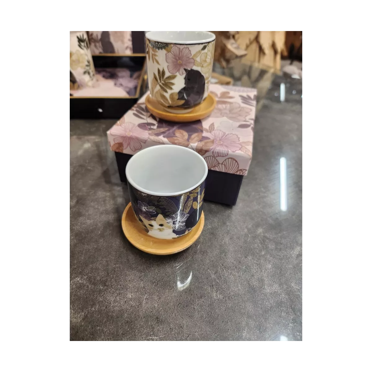 Coffret 2 Tasses et sous tasse Chat Hevea