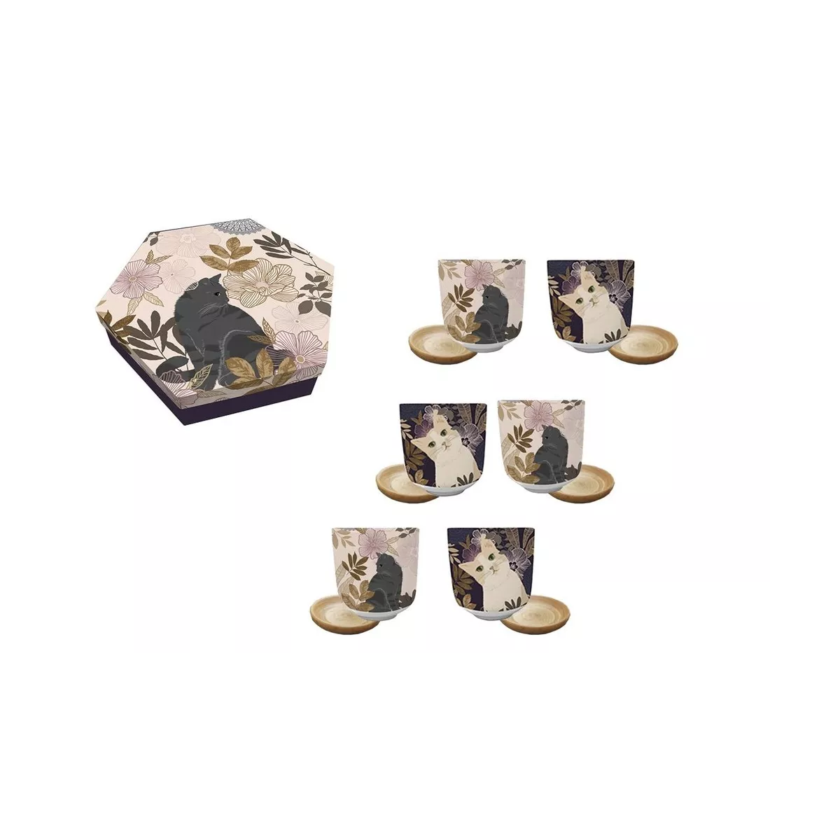 Coffret 6 Tasses et sous tasse Chat Hevea