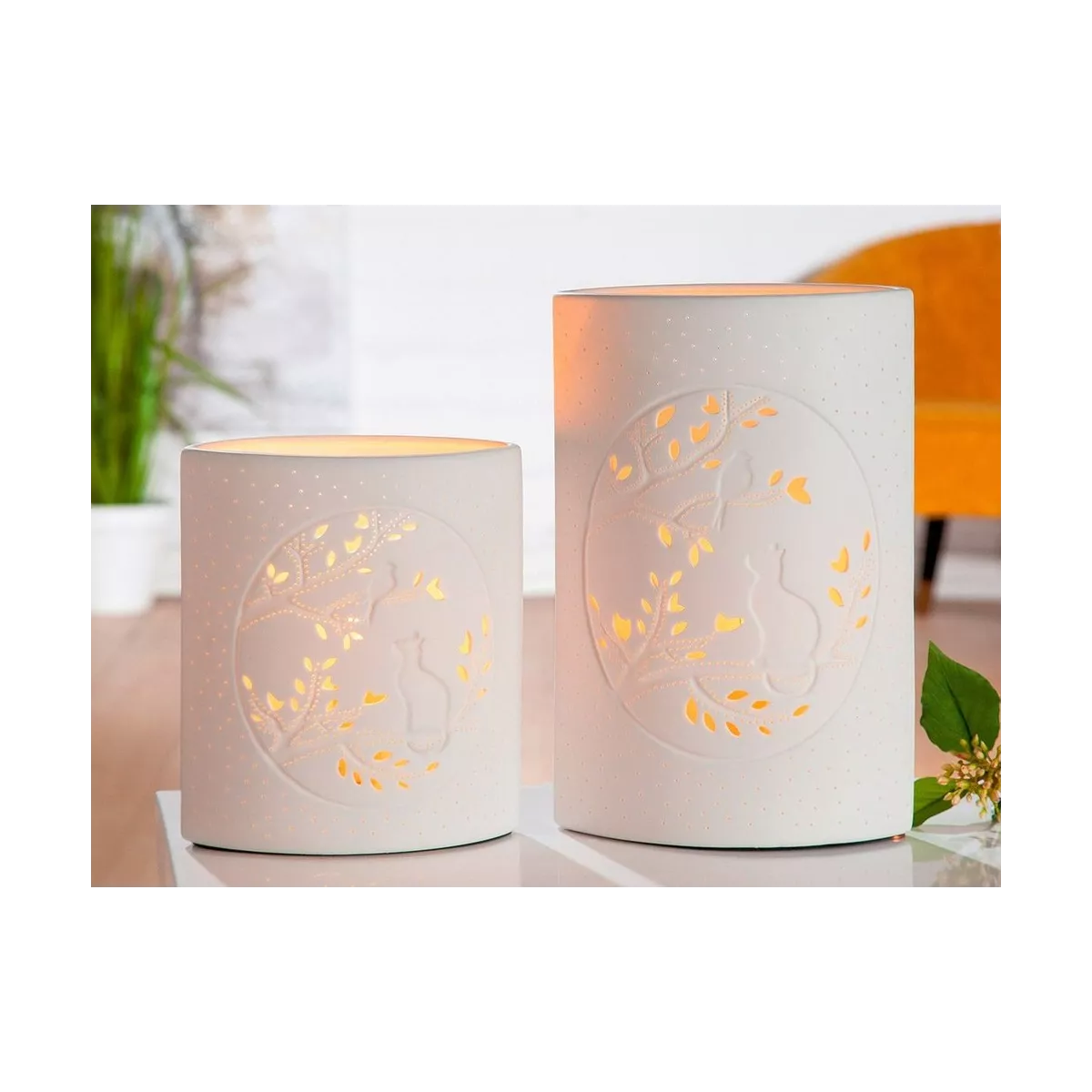 Lampe Porcelaine Chat et Oiseau H.28cm