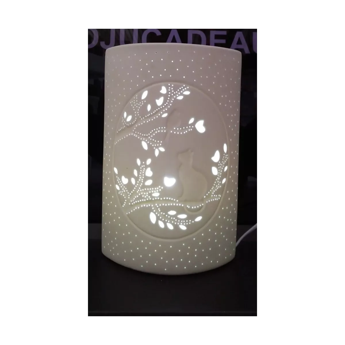 Lampe Porcelaine Chat et Oiseau H.28cm