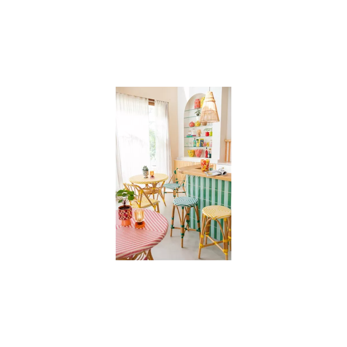 Tabouret de bar Bistrot Jili Rotin Jaune et Blanc