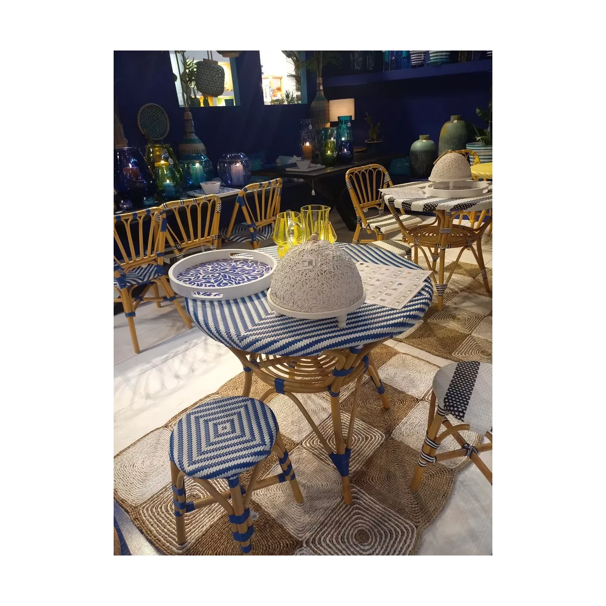 Tabouret Bistrot Jili Rotin Bleu et Blanc
