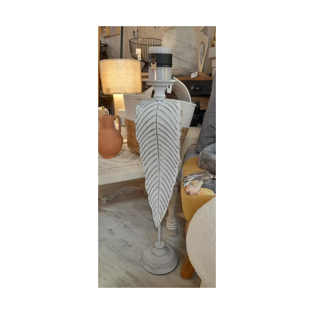 Bougeoir Feuille Métal Blanc H.70cm