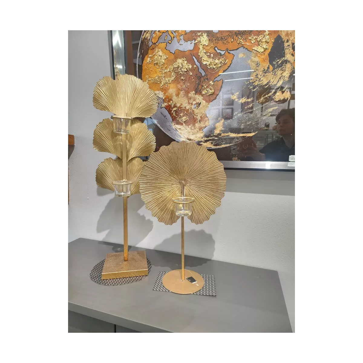 Bougeoir Feuille Métal Or H.42cm