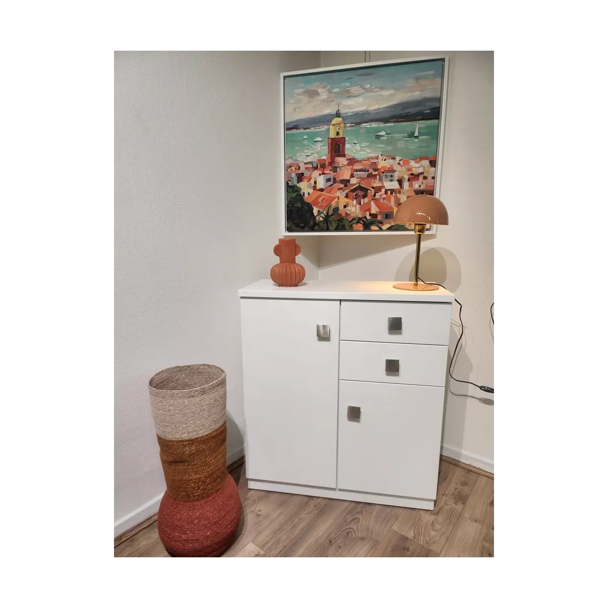 Meuble Naxos Blanc 84x37 : 2 Portes et 2 Tiroirs