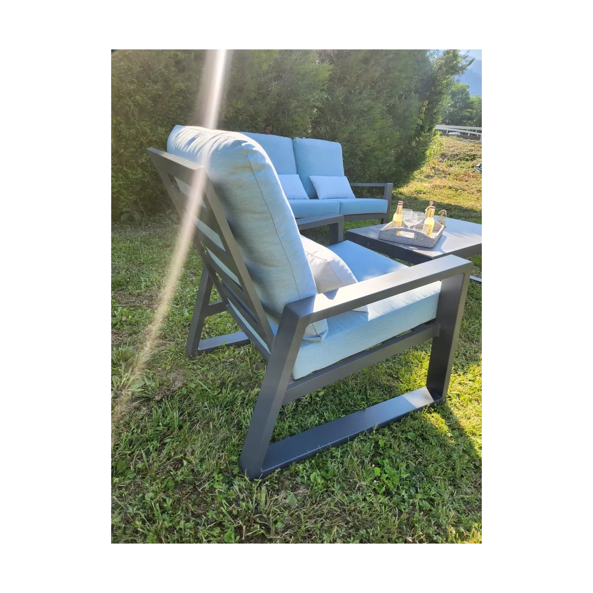 Salon Lagos : Canapé 2P +2 fauteuils tissu Bleu