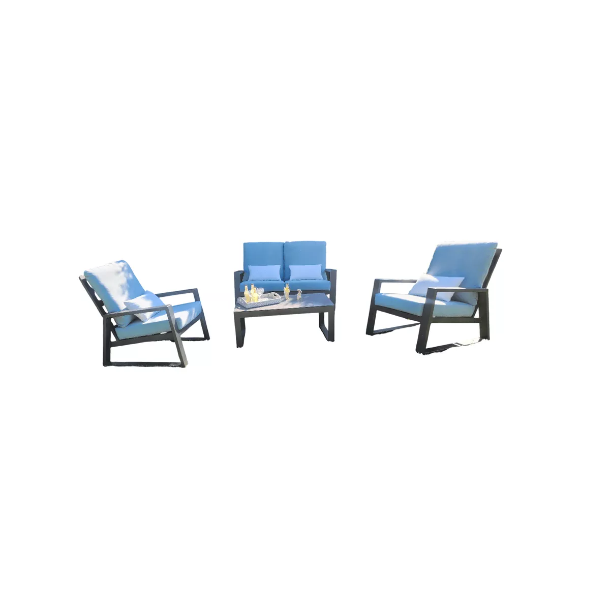 Salon Lagos : Canapé 2P +2 fauteuils tissu Bleu