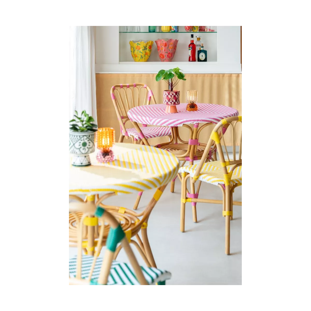 Table Bistrot Rotin Jili Bleu et Blanc 90cm