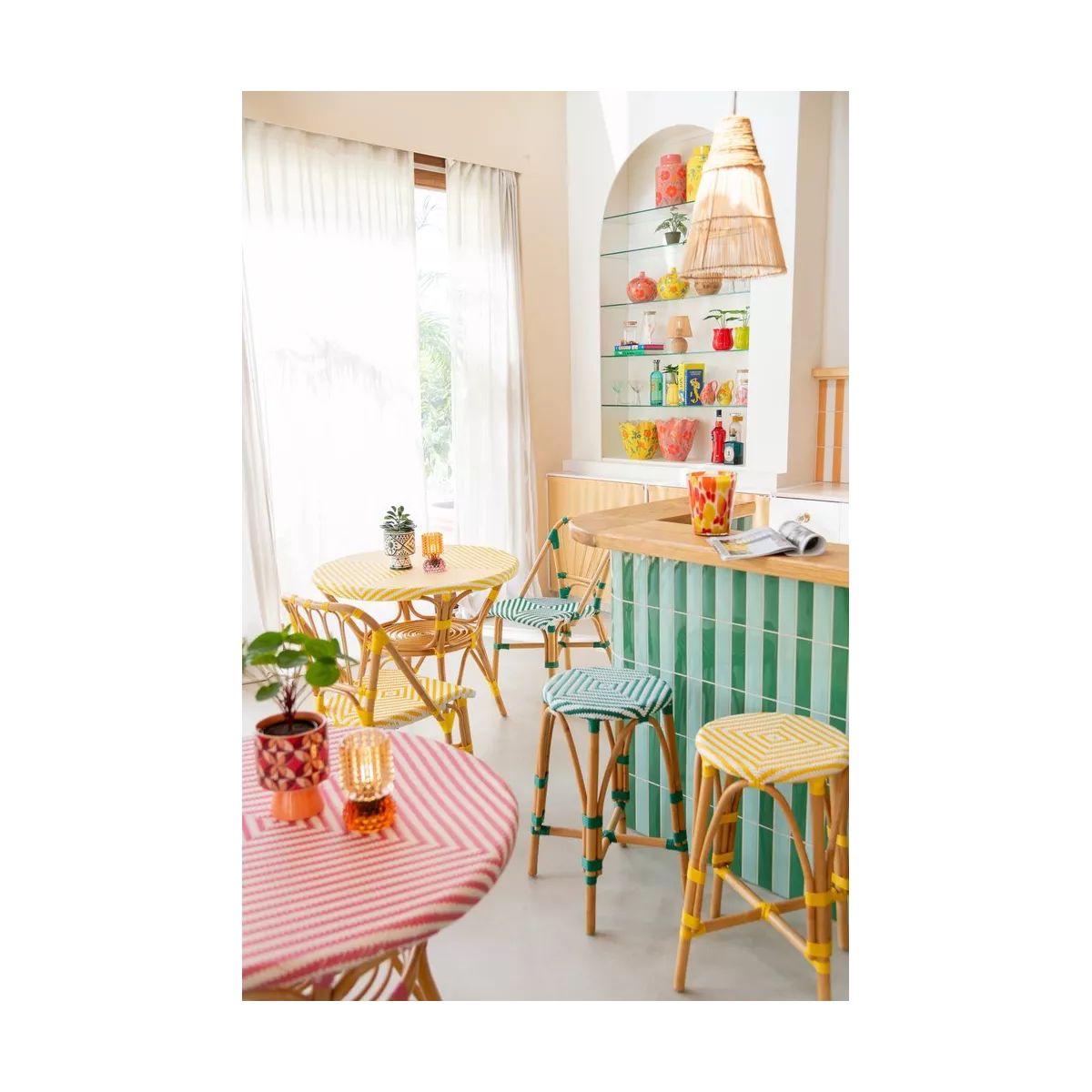 Table Bistrot Rotin Jili Vert et Blanc 90cm
