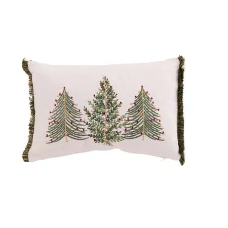 Coussin Brodé Sapins Avec Franges