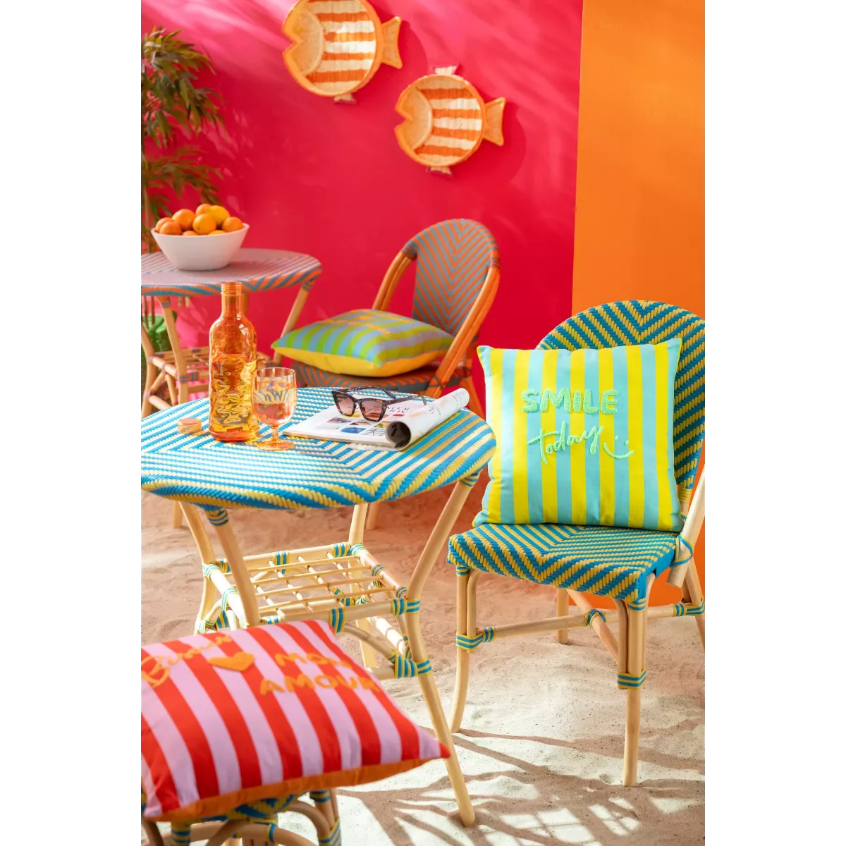 Chaise Bistrot Rotin Romy Orange et Bleue