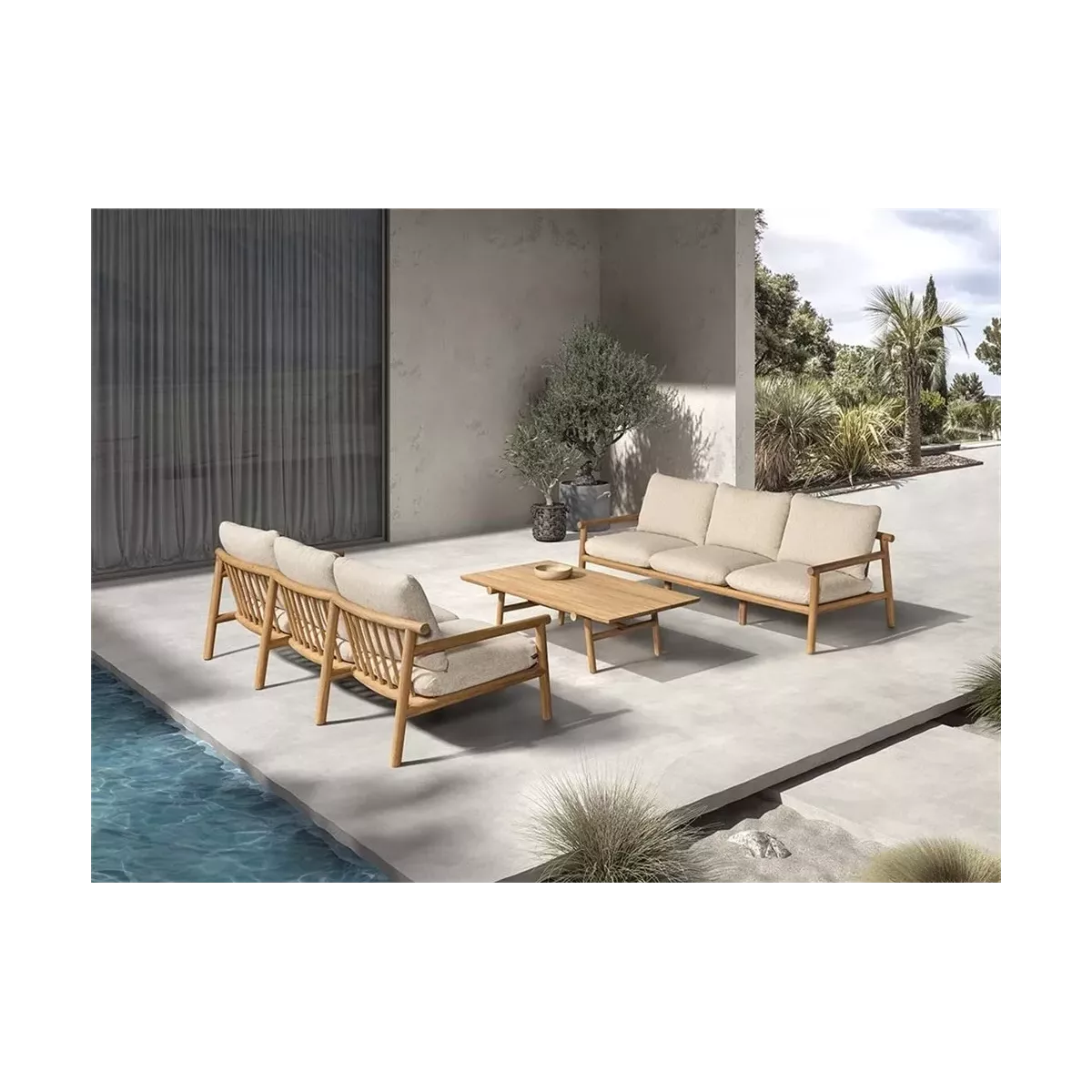 Salon Kuro Teck Naturel Canapé 3P + 2 Fauteuils
