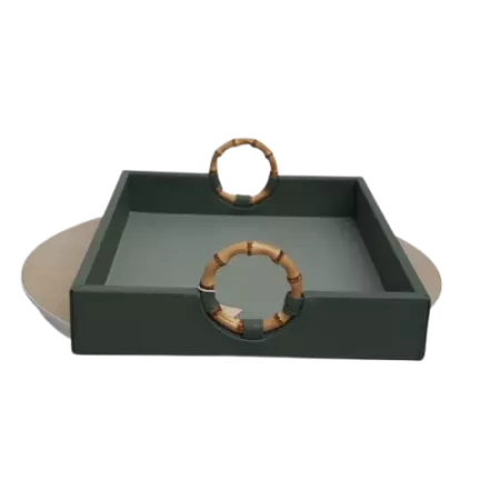 plateau rectangulaire simili cuir vert et bambou