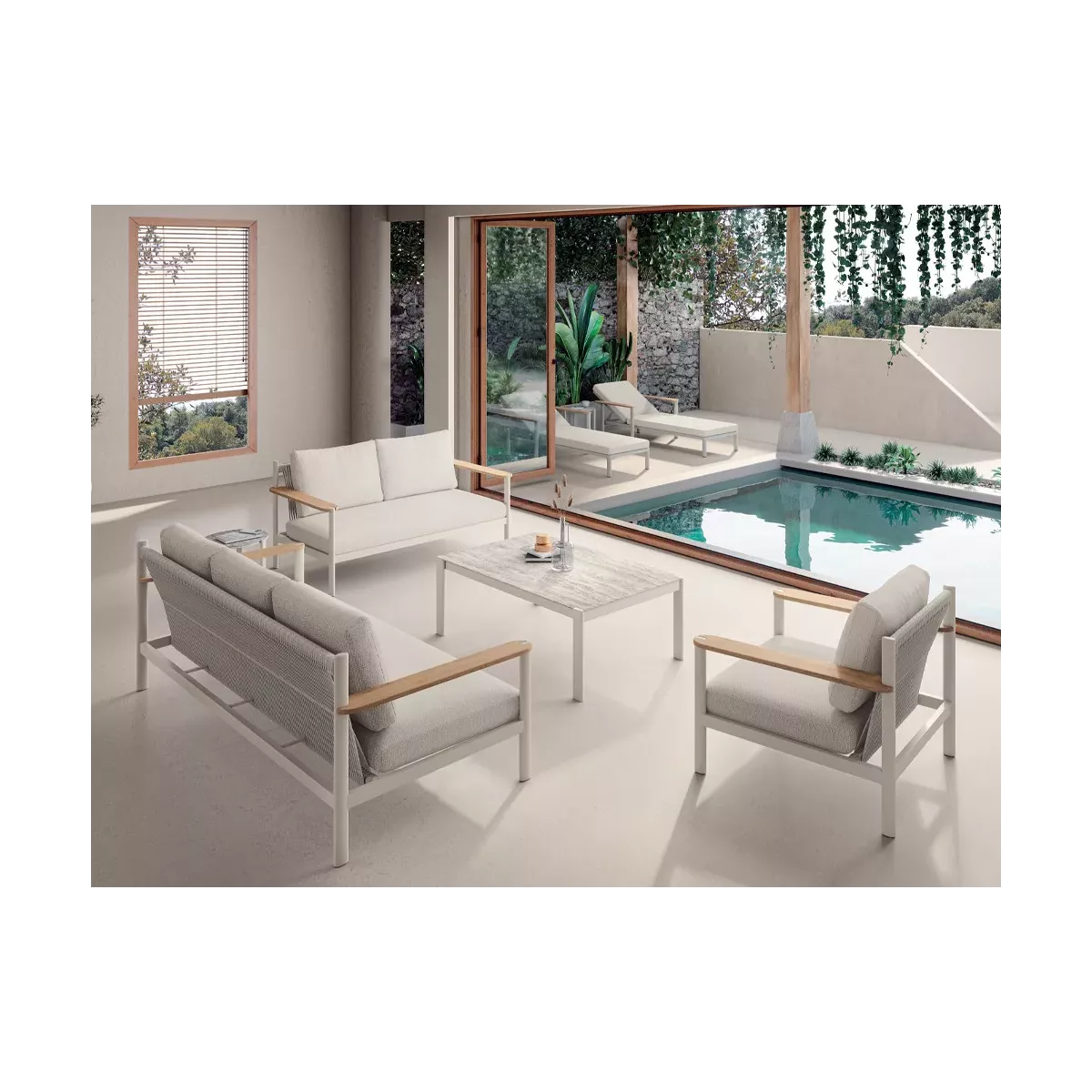 Canapé Patmos 3 places Aluminium, Corde, Teck