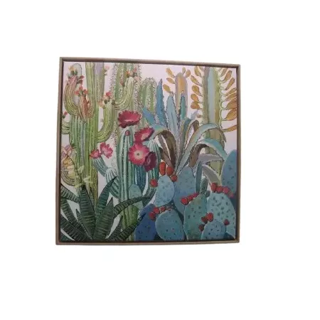 tableau cactus avec fleur encadrement en chêne