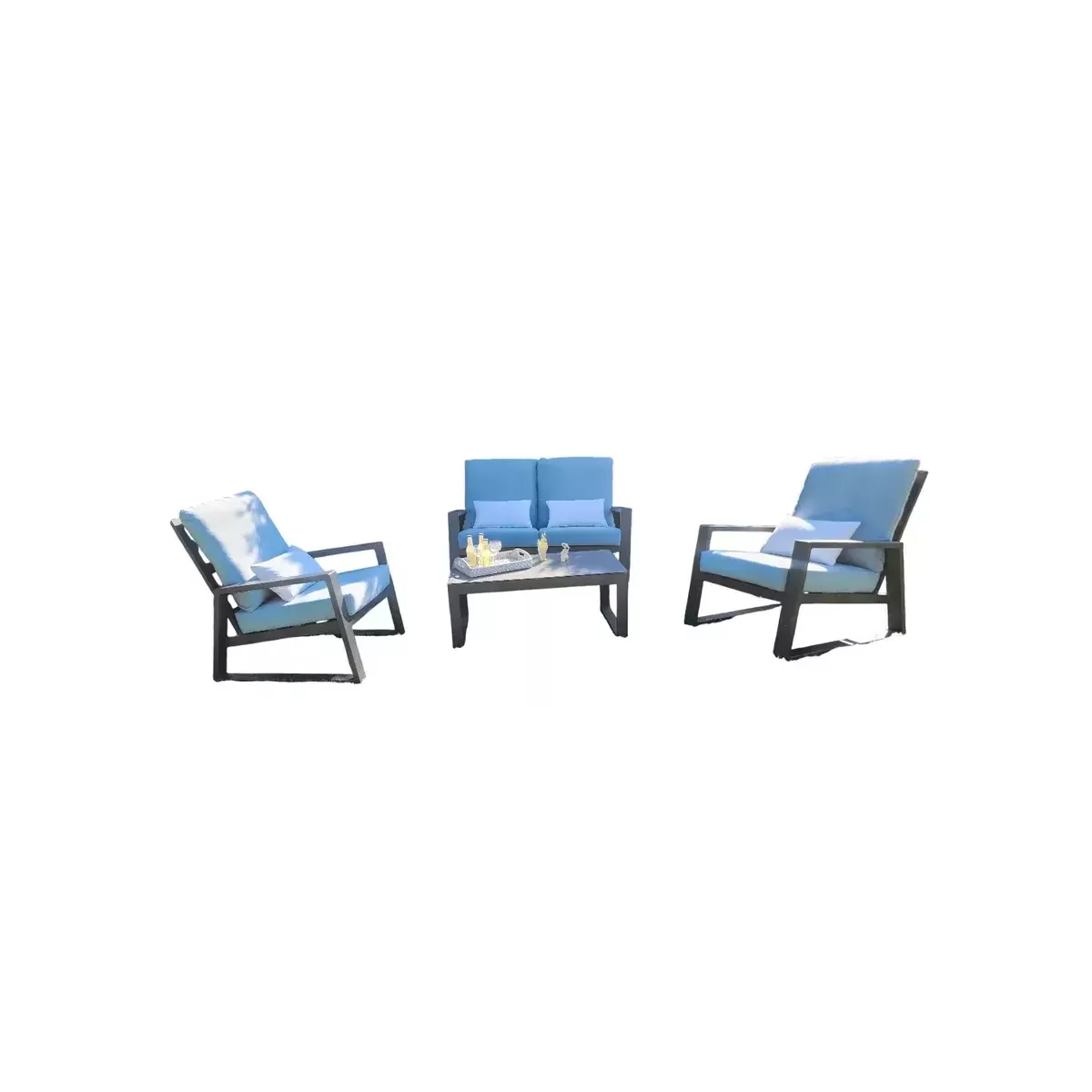 Salon Lagos : Canapé 2P +2 fauteuils tissu Bleu