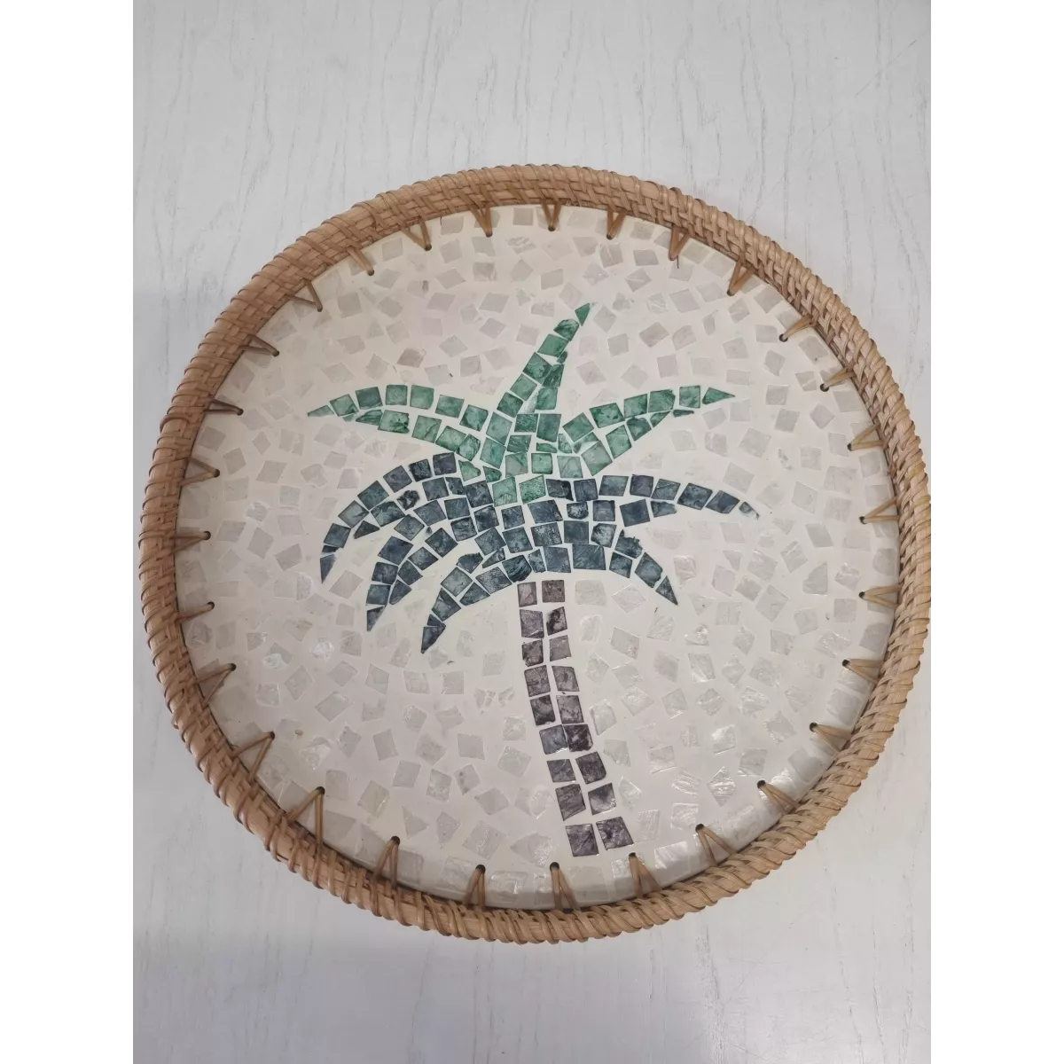 Plateau Rond Rotin et  Nacre Palmier 34cm