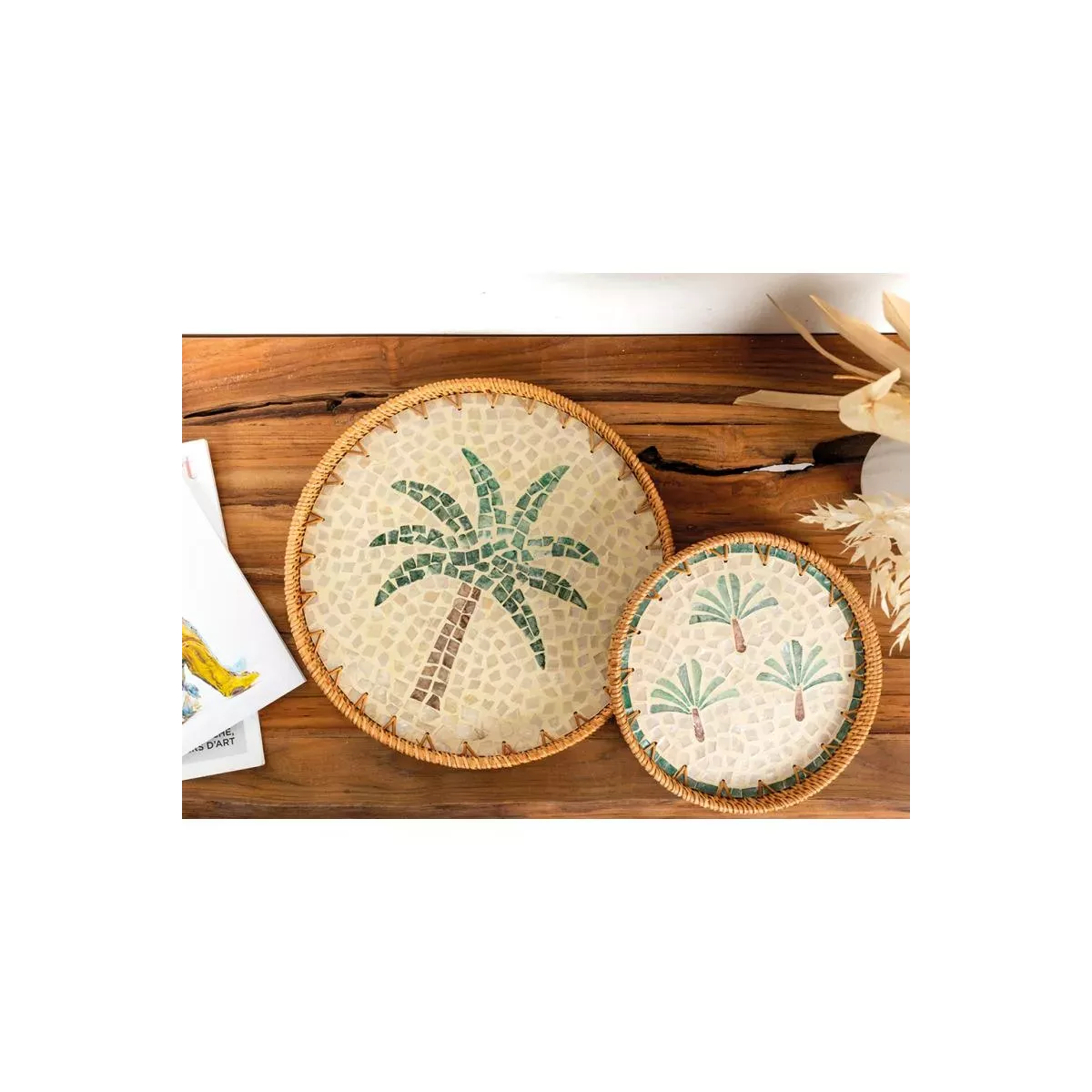 Plateau Rond Rotin et  Nacre Palmier 34cm