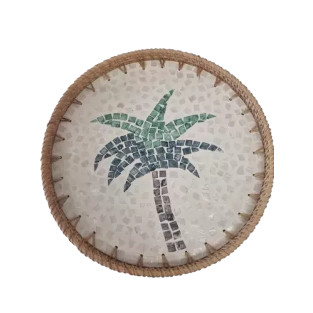 plateau rond rotin et nacre palmier 34 cm