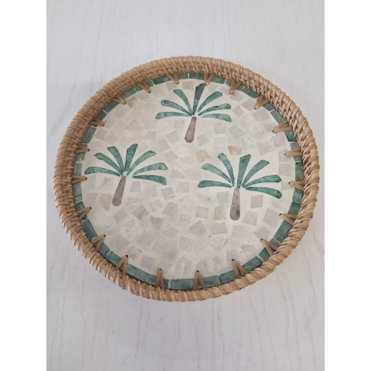 Plateau Rond Rotin et  Nacre Palmiers 24cm