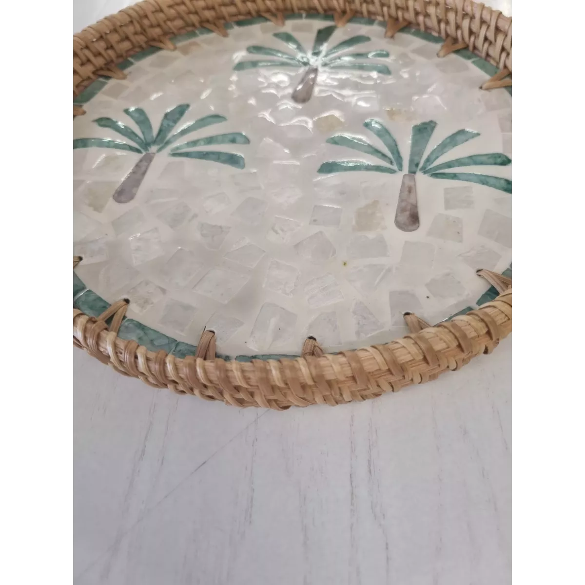 Plateau Rond Rotin et  Nacre Palmiers 24cm