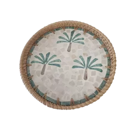 plateau rond rotin et nacre palmiers 24 cl