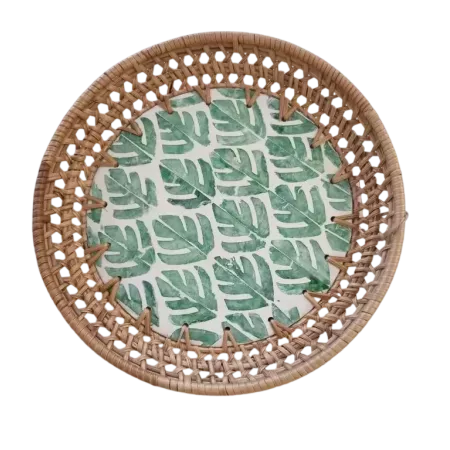 corbeille ronde diamètre 23 cm avec bordure rotin et résine verte