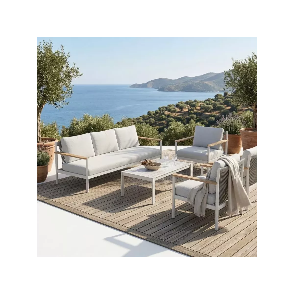 Canapé Patmos 3 places Aluminium, Corde, Teck