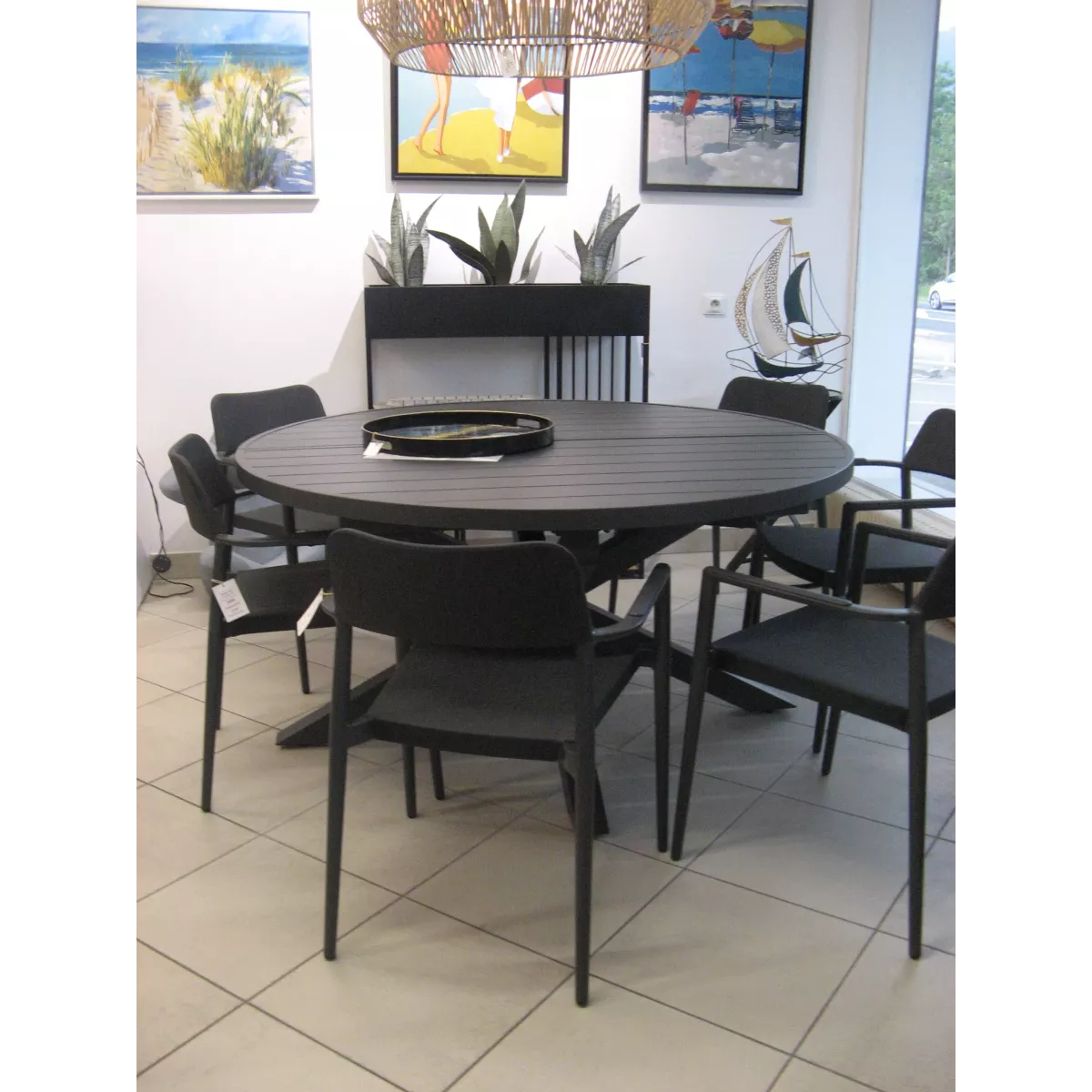 Table Porto Ronde 145 en Aluminium Anthracite avec allonge