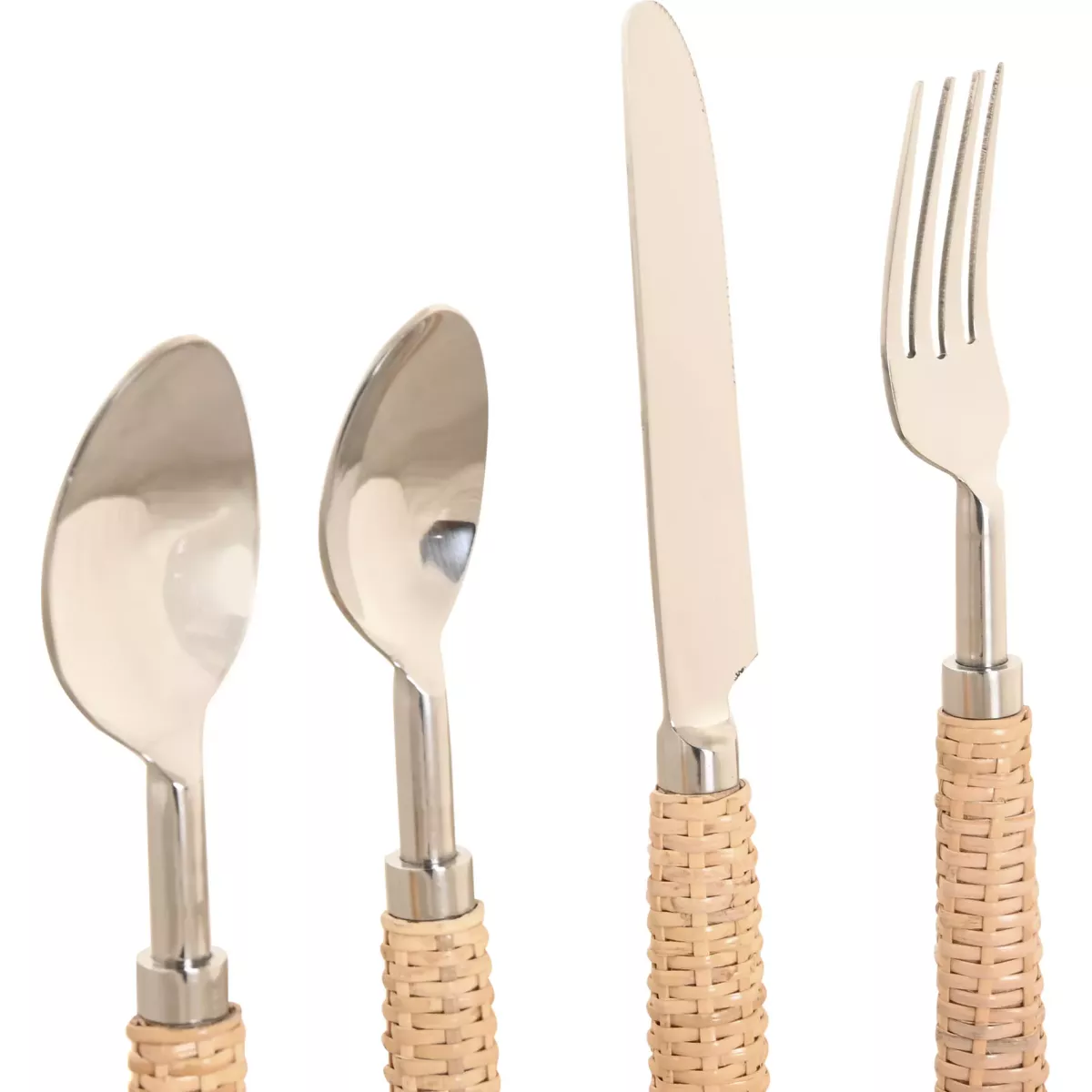 Set de 16 Couverts Inox et Rotin