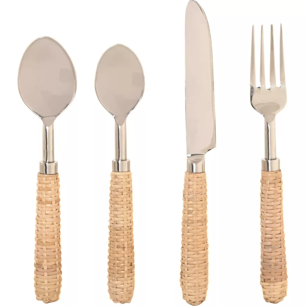 Set de 16 Couverts Inox et Rotin