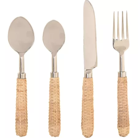 16 couverts en inox et rotin