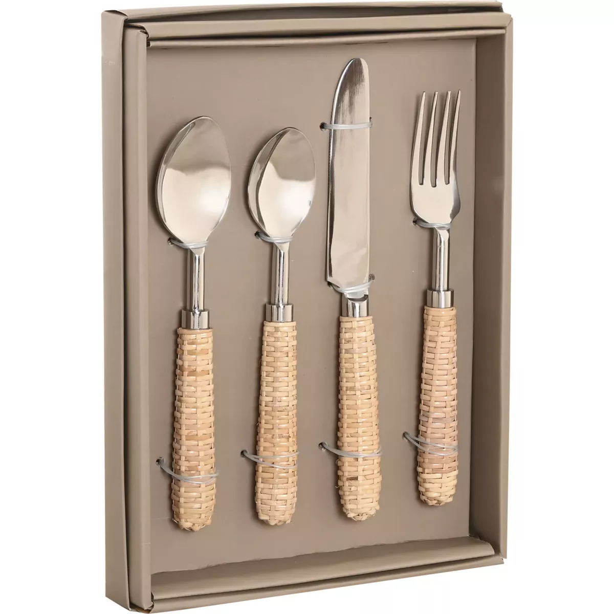 Set de 16 Couverts Inox et Rotin