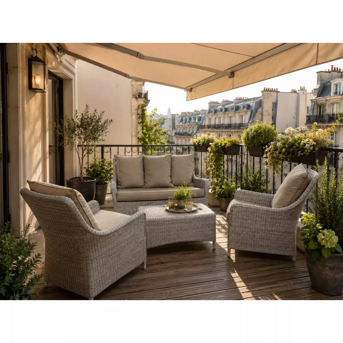 Salon Transat Résine Gris Canapé + 2 fauteuils