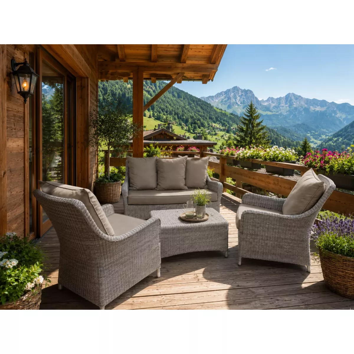 Salon Transat Résine Gris Canapé + 2 fauteuils
