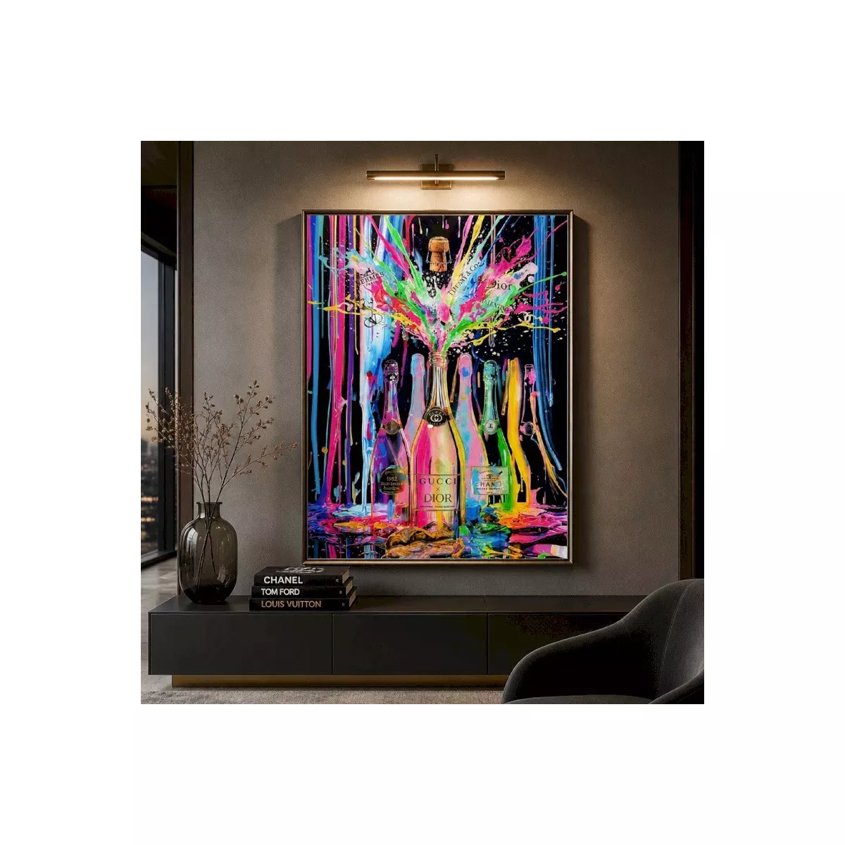 Tableau Verre Bouteilles Champagne 90x120
