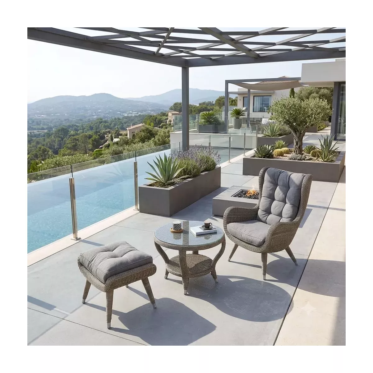 Ensemble Vino Taupe :  Fauteuil + Pouf + table basse
