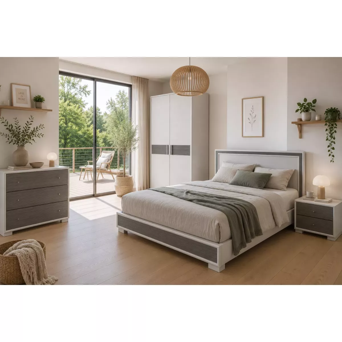 Armoire Sendaî 2 portes Charnières Blanc et Gris