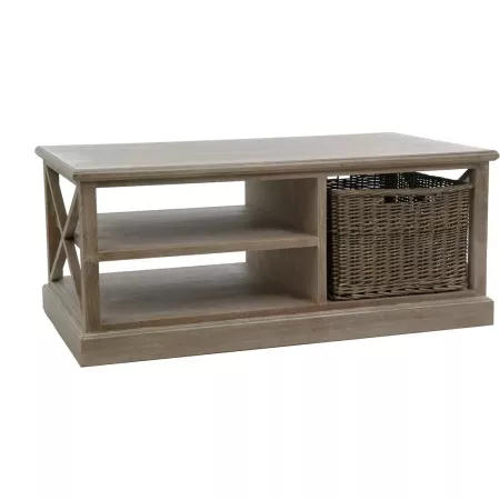 Table basse rectangulaire bois et casier rotin gris avec rangement 120x69x50h
