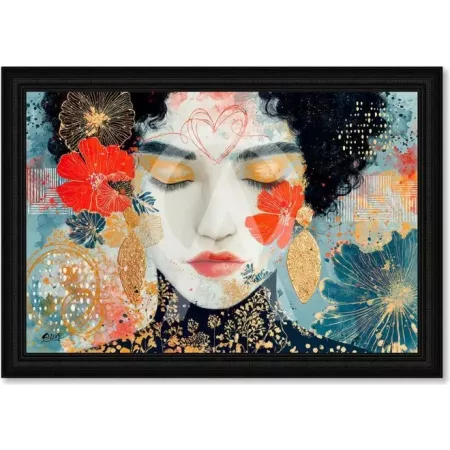 tableau rectangulaire 102X72 visage femme entourée de fleurs rouge bleu fabrication française daphné
