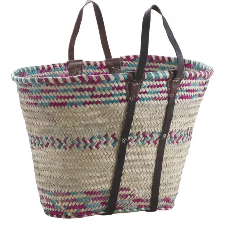 Cabas en palmier coloré avec anses en cuir