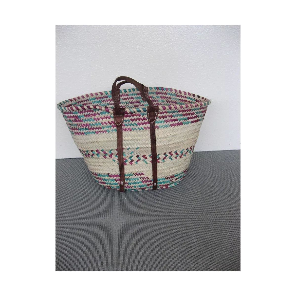Cabas en palmier coloré avec anses en cuir