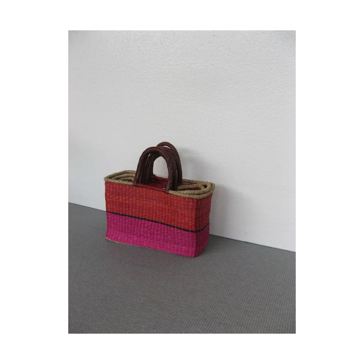 Cabas Jonc Rouge et Rose 43x26