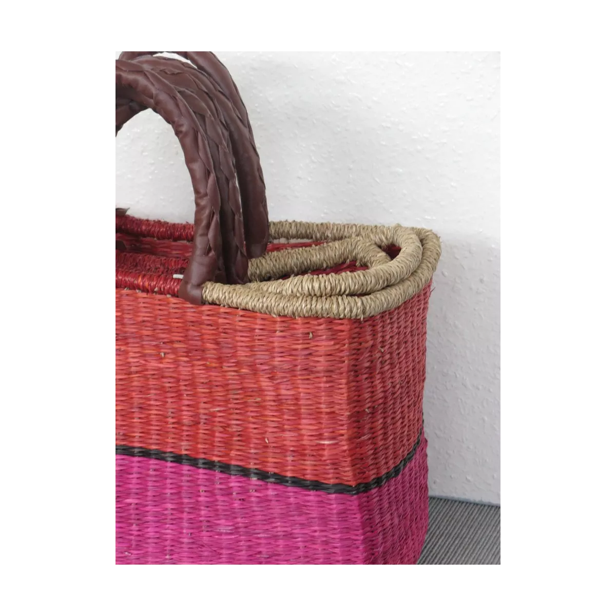 Cabas Jonc Rouge et Rose 43x26