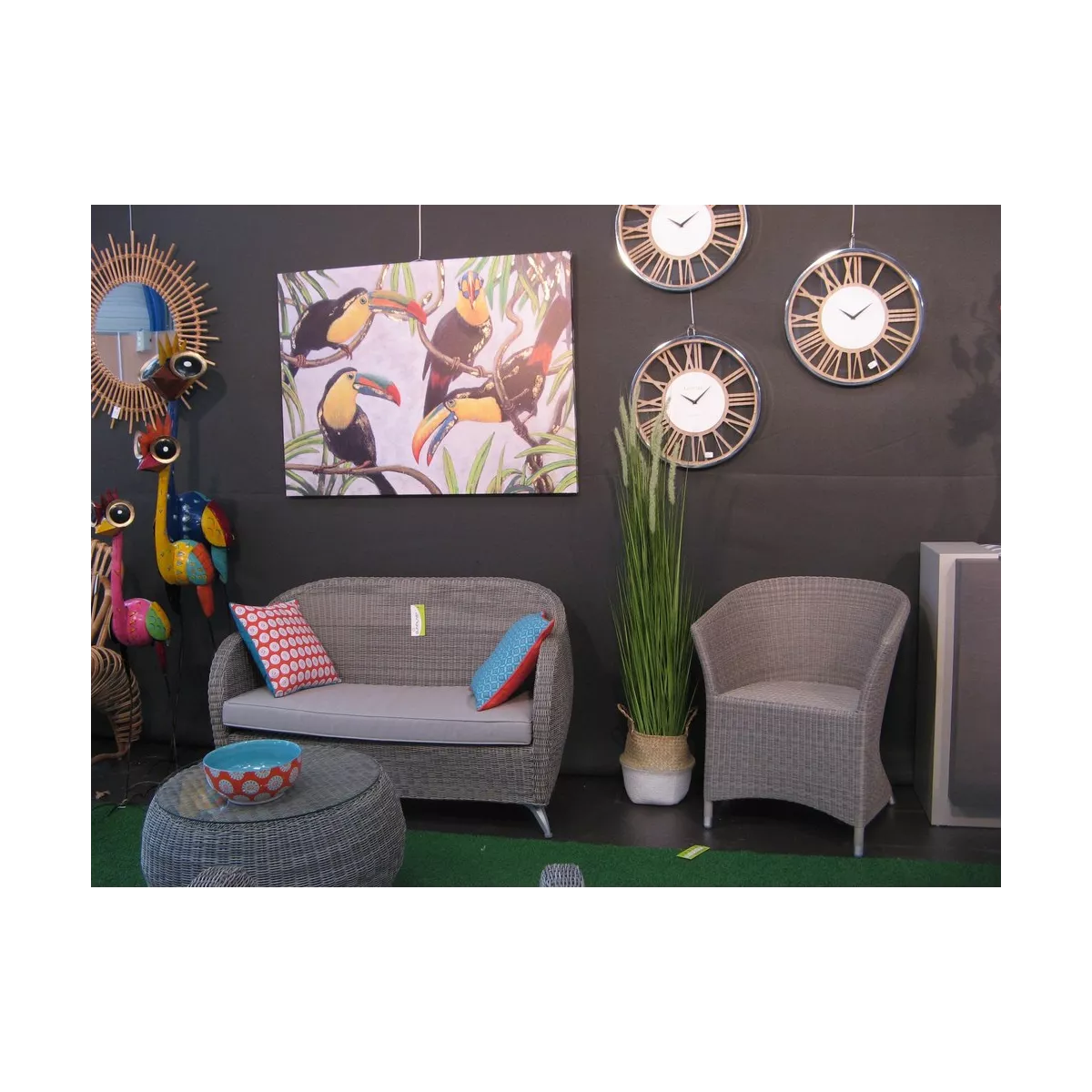 Salon Résine Moski Gris : Canapé 2 Places + 2 Fauteuils + 1 Table Basse